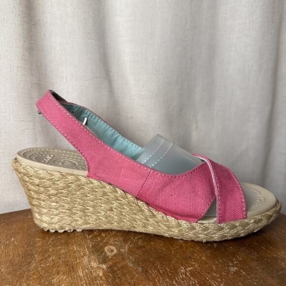 Women’s Crocs Pink A-Leigh Linen Slingback Espadrille Wedge Sandals Size 7‎ - Picture 3 of 10